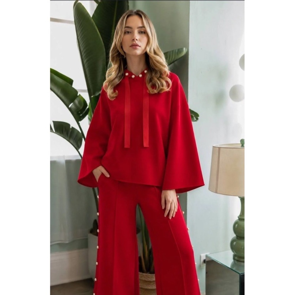Joh Apparel Francine Red French Scuba Pearl Hoodie Sweatshirt Oversized Lounge S